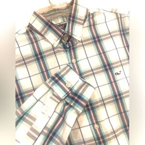Vineyard Vines Whale Shirt Button Dn Picket Plaid White Teal Men Slim Fit Size M